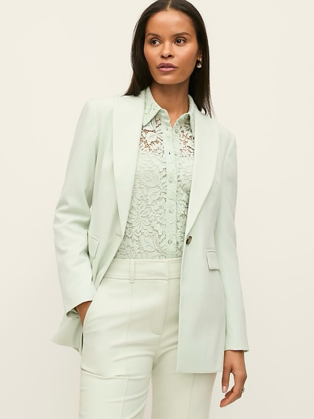 Ann Taylor | The Fitted Long Single-Button Blazer in Pale Aqua Mint Green ~ US 6